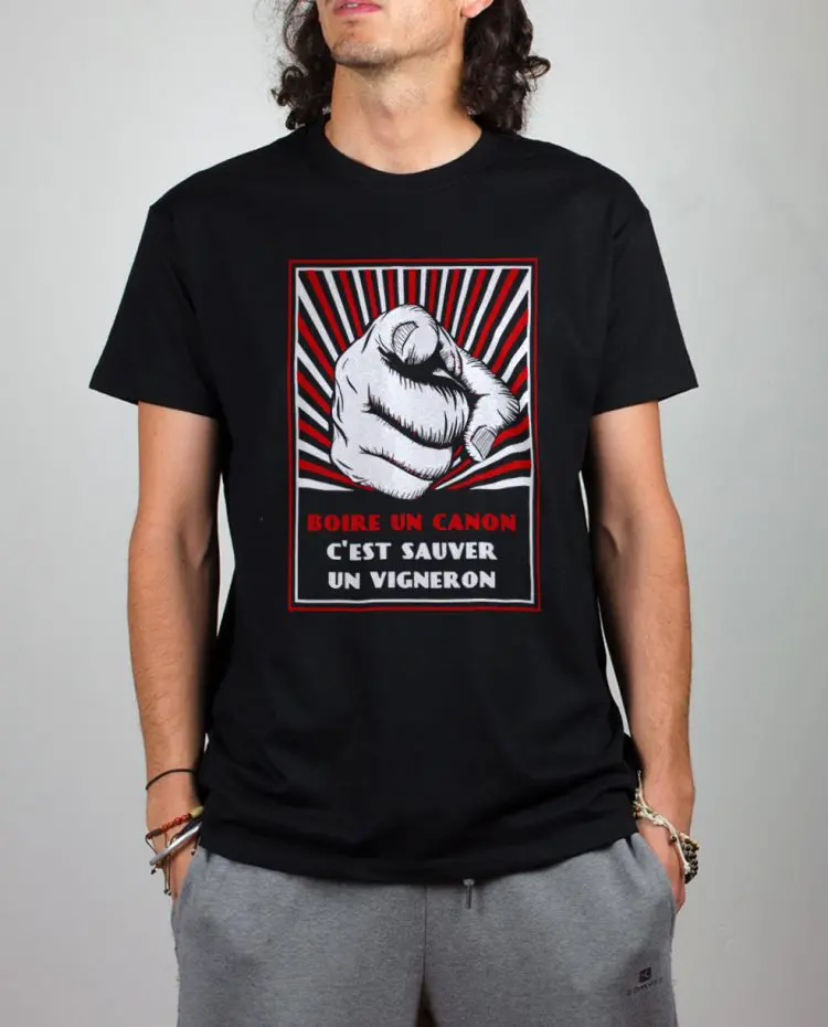 T shirt noir homme boire un canon vigneron