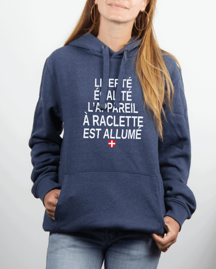 Sweat Femme Bleu Jean LIBERTE EGALITE LAPPAREIL A RACLETTE EST ALLUME