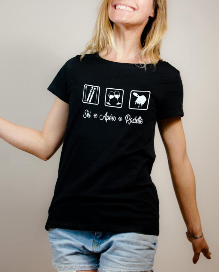 T shirt ski apero raclette femme noir