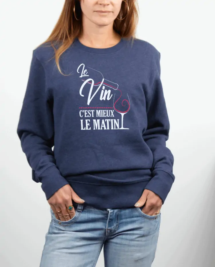 Pull Femme Bleu Jean LE VIN CEST MIEUX LE MATIN