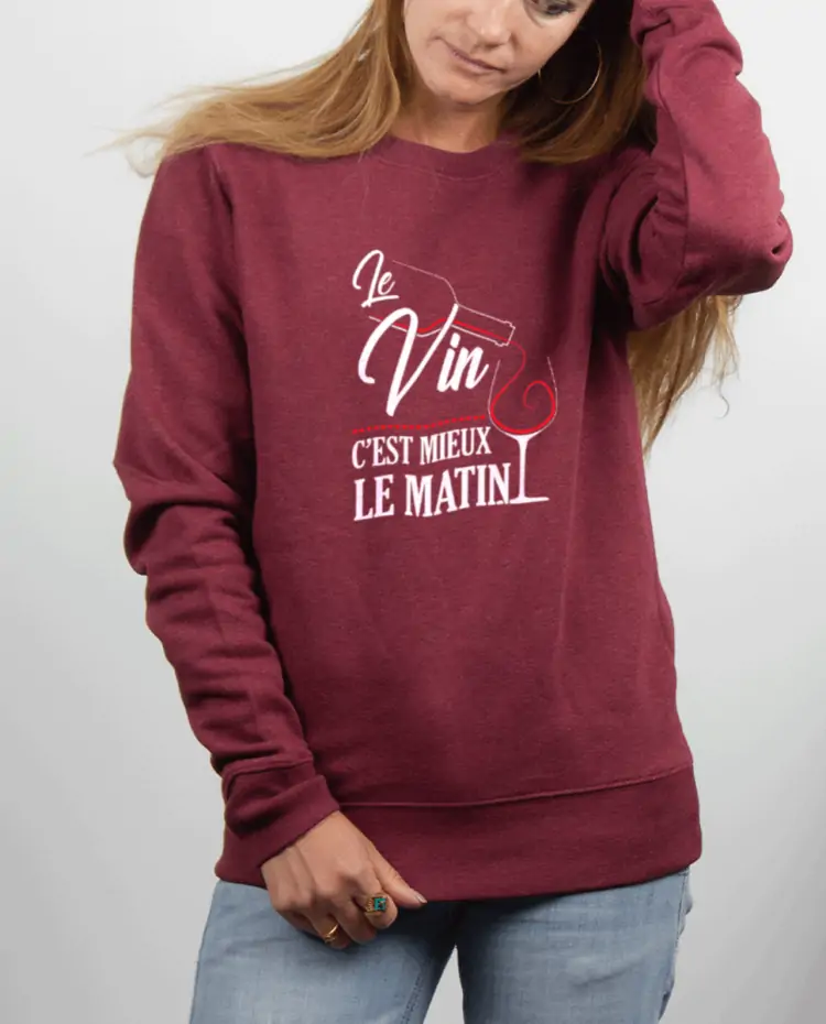 Pull femme rouge Bordeau LE VIN CEST MIEUX LE MATIN