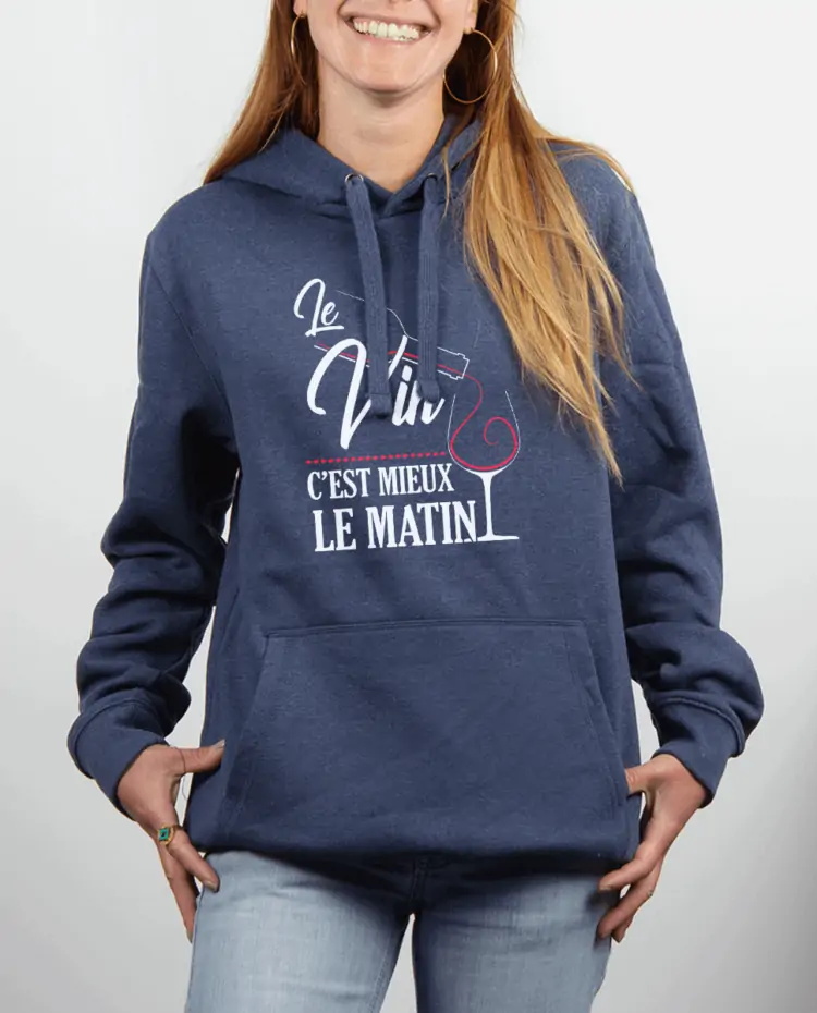 Sweat femme Bleu Jean LE VIN CEST MIEUX LE MATIN