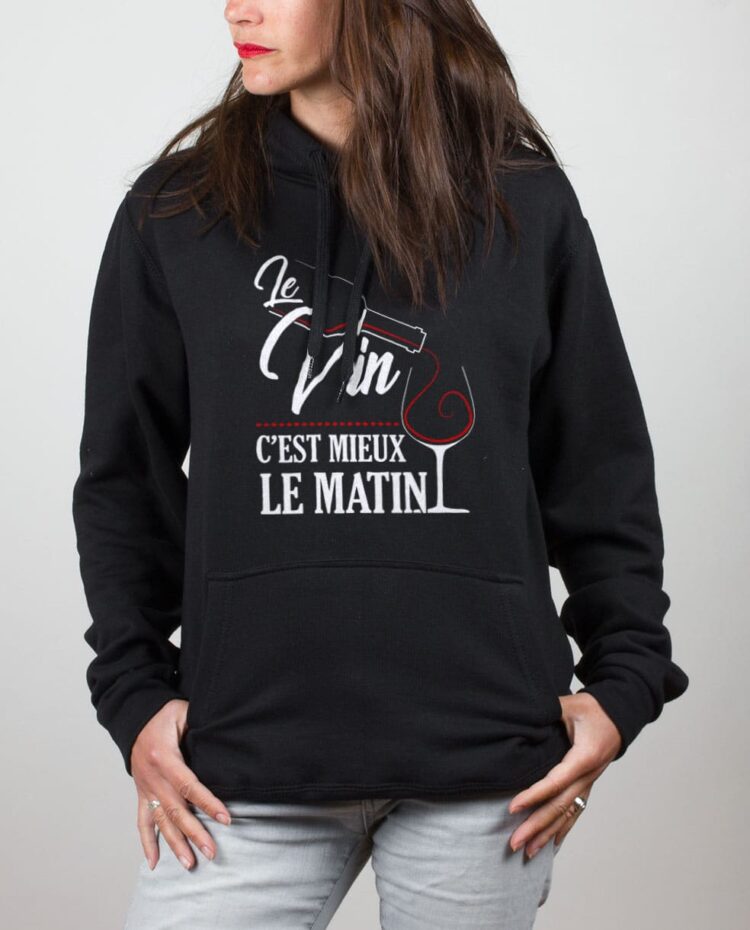 Sweat femme noir le vin cest mieux le matin