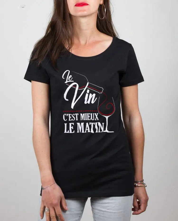 t shirt femme noir le vin cest mieux le matin