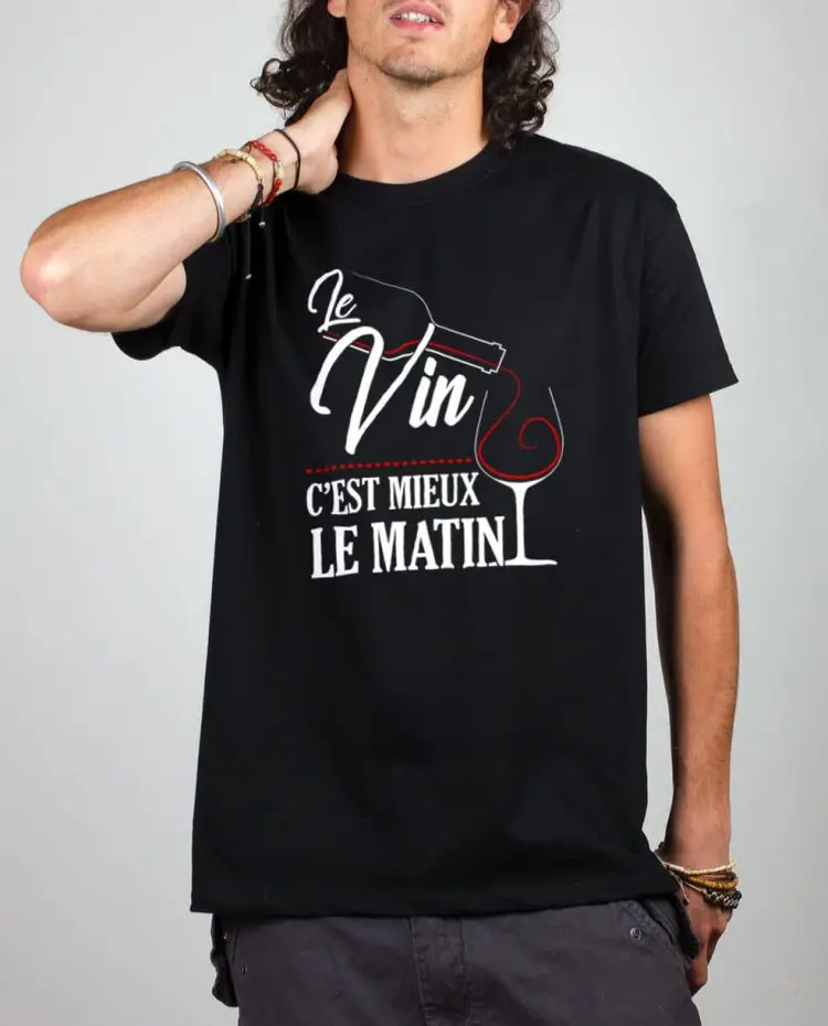 t shirt homme noir le vin cest mieux le matin
