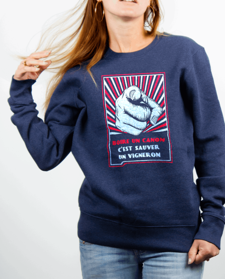 Pull Femme Bleu jean BOIRE UN CANON CEST SAUVER UN VIGNERON