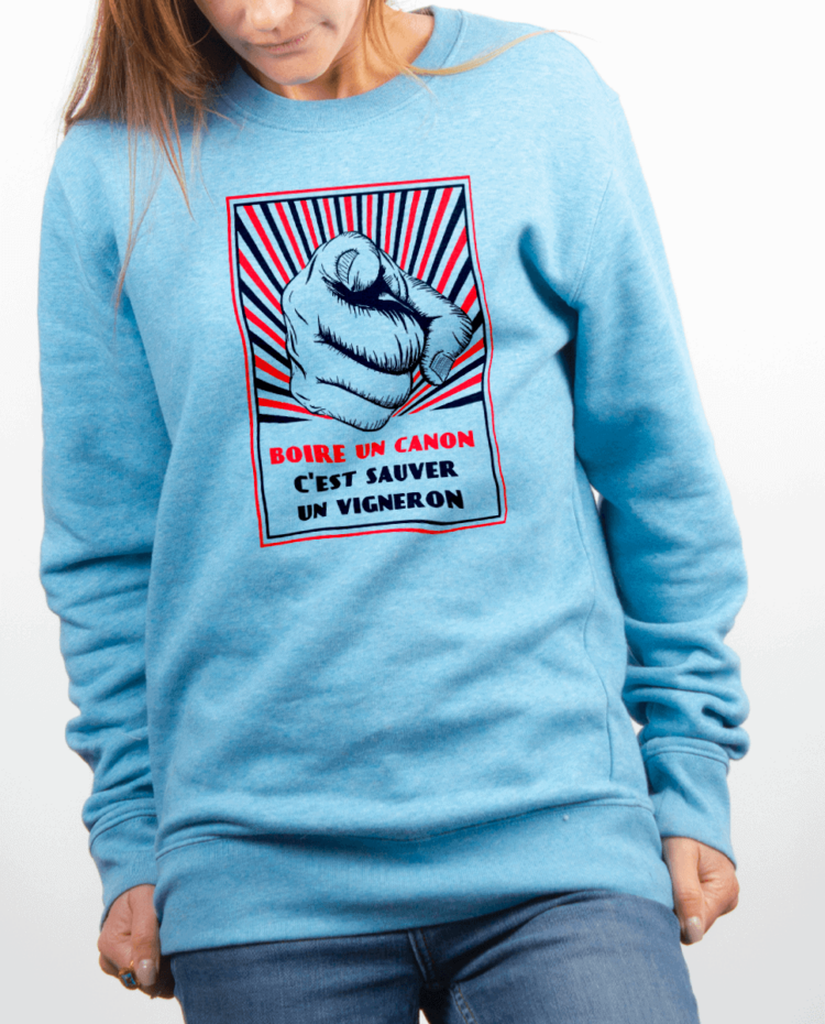 Pull Femme bleu ciel BOIRE UN CANON CEST SAUVER UN VIGNERON