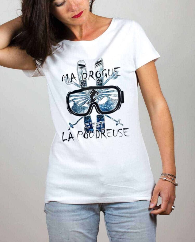 t shirt blanc Femme ma drogue poudreuse Ski