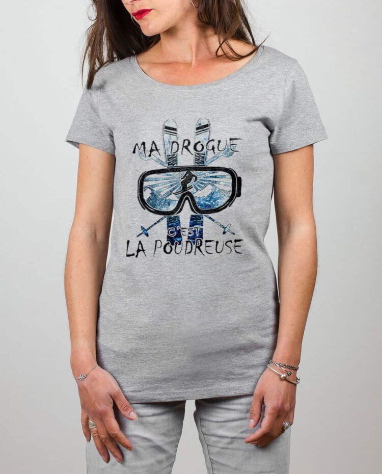 t shirt gris Femme ma drogue poudreuse Ski