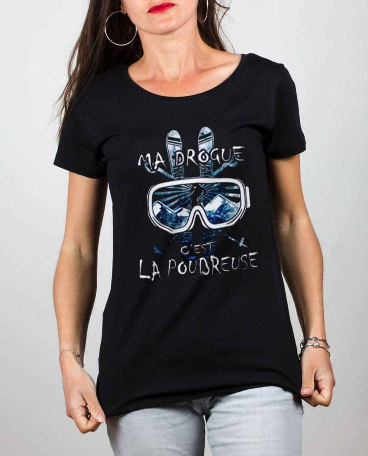 t shirt noir Femme ma drogue poudreuse Ski