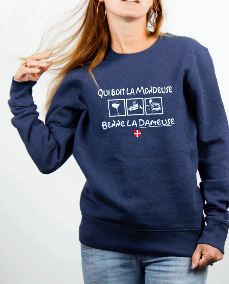 Pull Femme Bleu jean QUI BOIT LA MONDEUSE BENNE LA DAMEUSE