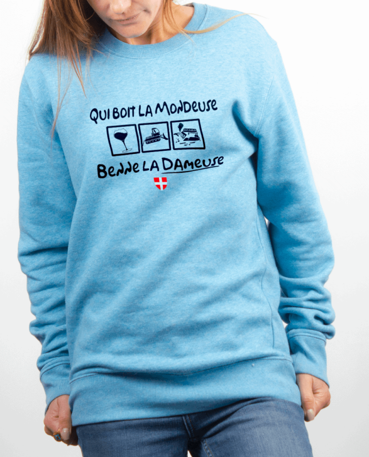 Pull Femme bleu ciel QUI BOIT LA MONDEUSE BENNE LA DAMEUSE