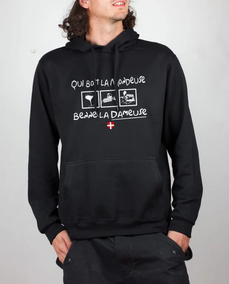 Sweat noir homme Qui boit la Mondeuse Benne la dameuse