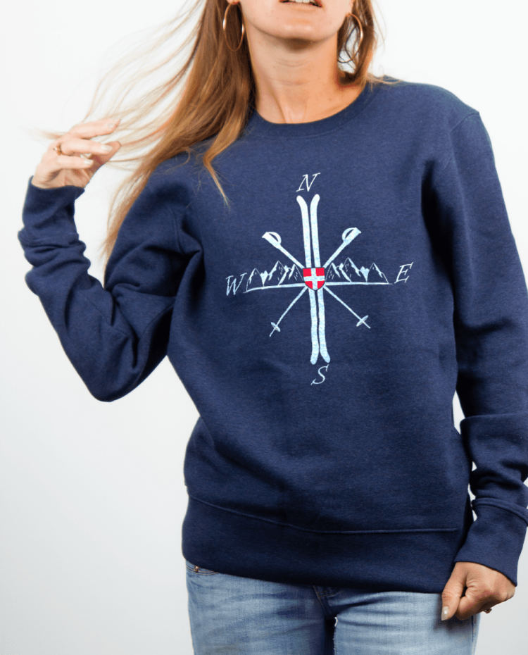 Pull Femme Bleu jean Montagne ski Boussole