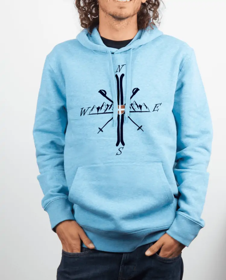 Sweat Homme Bleu ciel Montagne ski Boussole