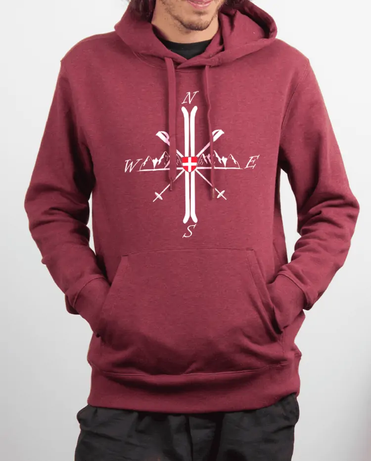 Sweat Homme Bordeau Montagne ski Boussole