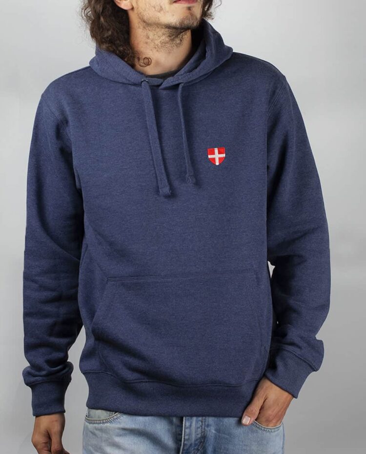 Sweat a capuche Homme Bleu Jean savoie coeur blason brode