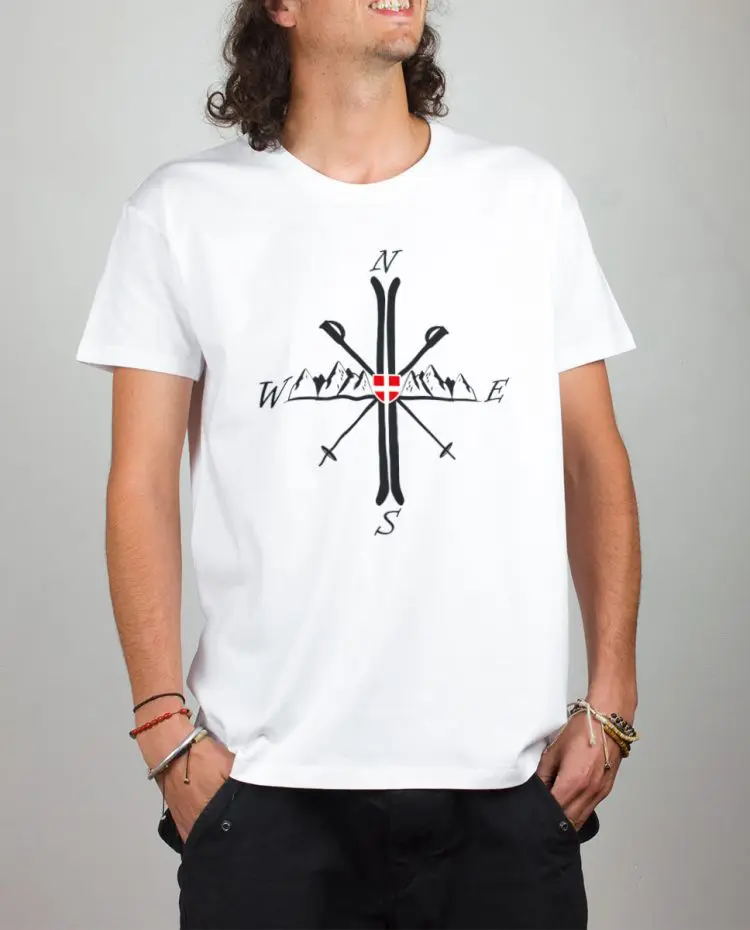T shirt blanc homme montagne bousole ski nord sud est ouest savoie