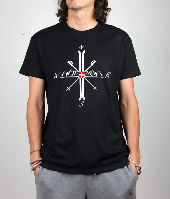 T shirt noir homme montagne bousole ski nord sud est ouest savoie