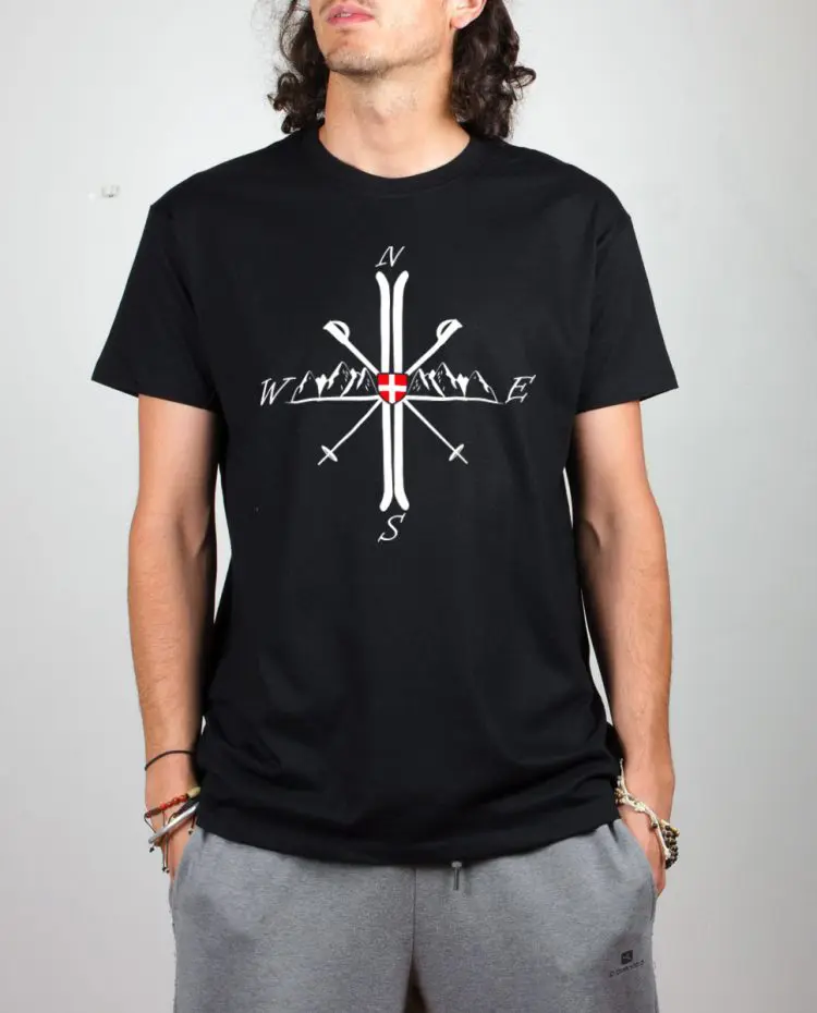 T shirt noir homme montagne bousole ski nord sud est ouest savoie