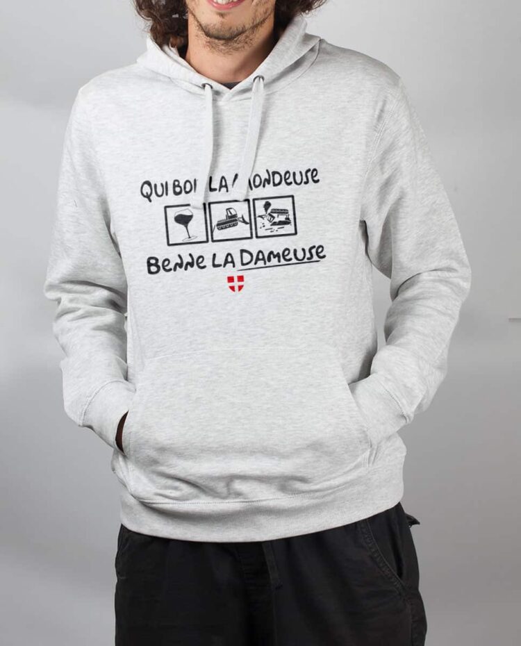 Sweat Blanc homme Qui boit la Mondeuse Benne la dameuse