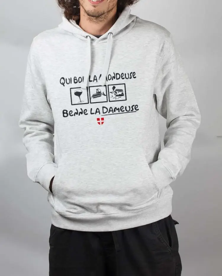 Sweat Blanc homme Qui boit la Mondeuse Benne la dameuse