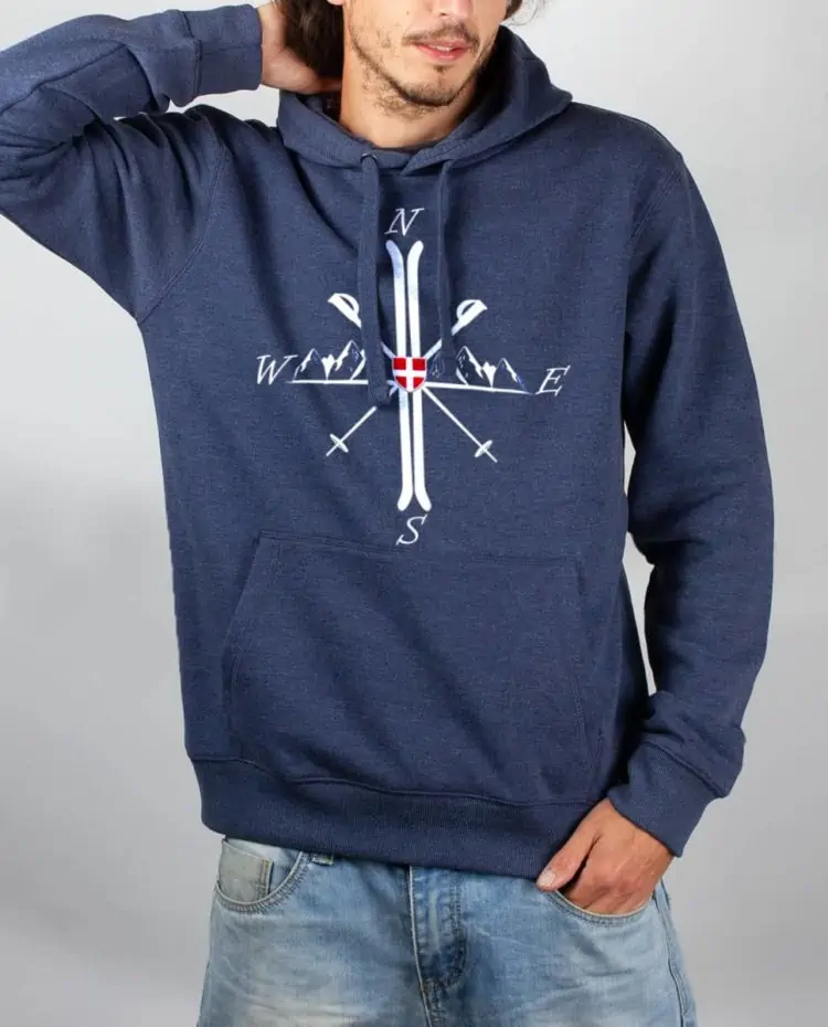 Sweat Bleu chine homme Montagne ski boussole