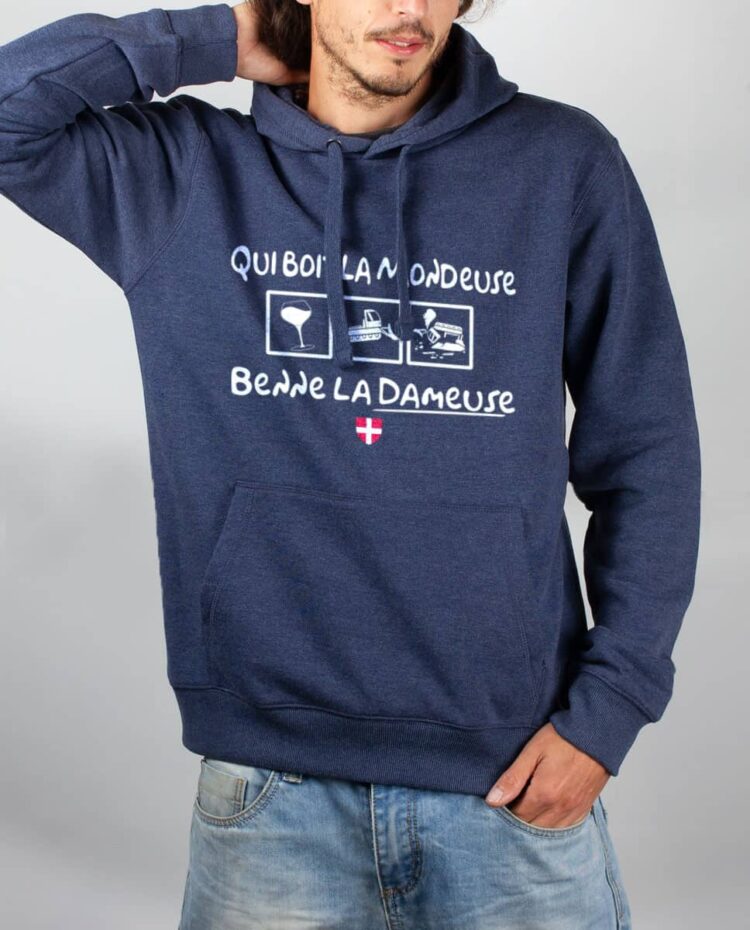 Sweat Bleu chine homme Qui boit la Mondeuse Benne la dameuse