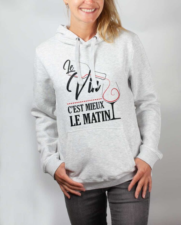 Sweat blanc femme Le vin c est mieux le matin