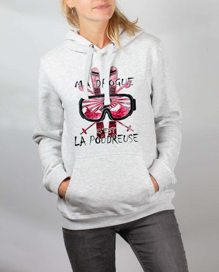 Sweat blanc femme Ma drogue c est la poudreuse SKI