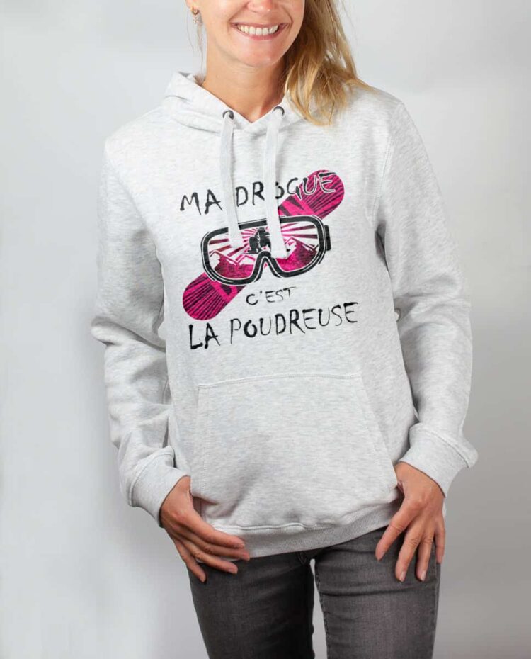 Sweat blanc femme Ma drogue c est la poudreuse SNOW