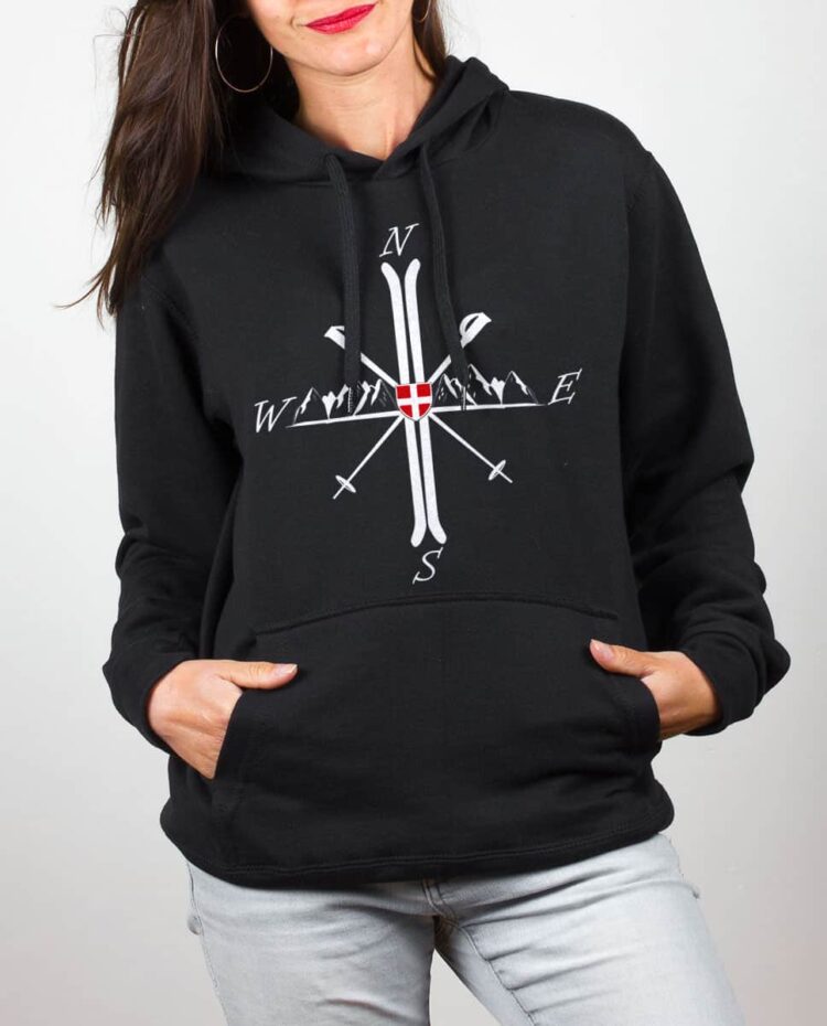 Sweat noir femme Montagne ski boussole