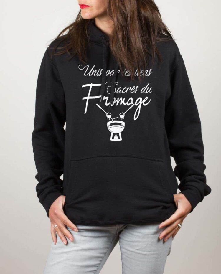 Sweat noir femme UNIS PAR LES LIENS SACRÉS DU FROMAGE