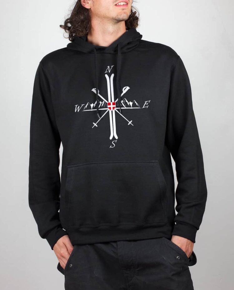 Sweat noir homme Montagne ski boussole