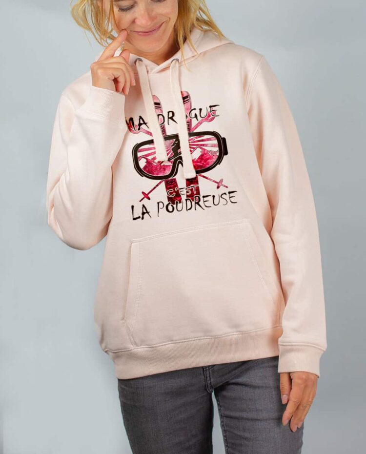 Sweat rose femme Ma drogue c est la poudreuse SKI