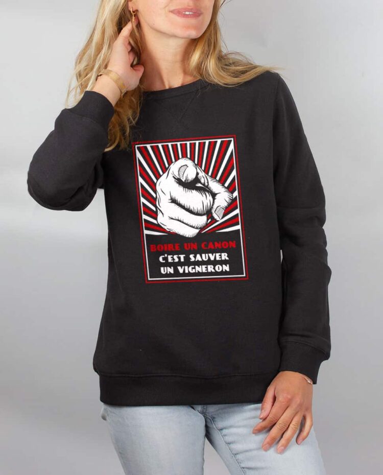 Pull sweat femme noir Boire un canon sauver un vigneron