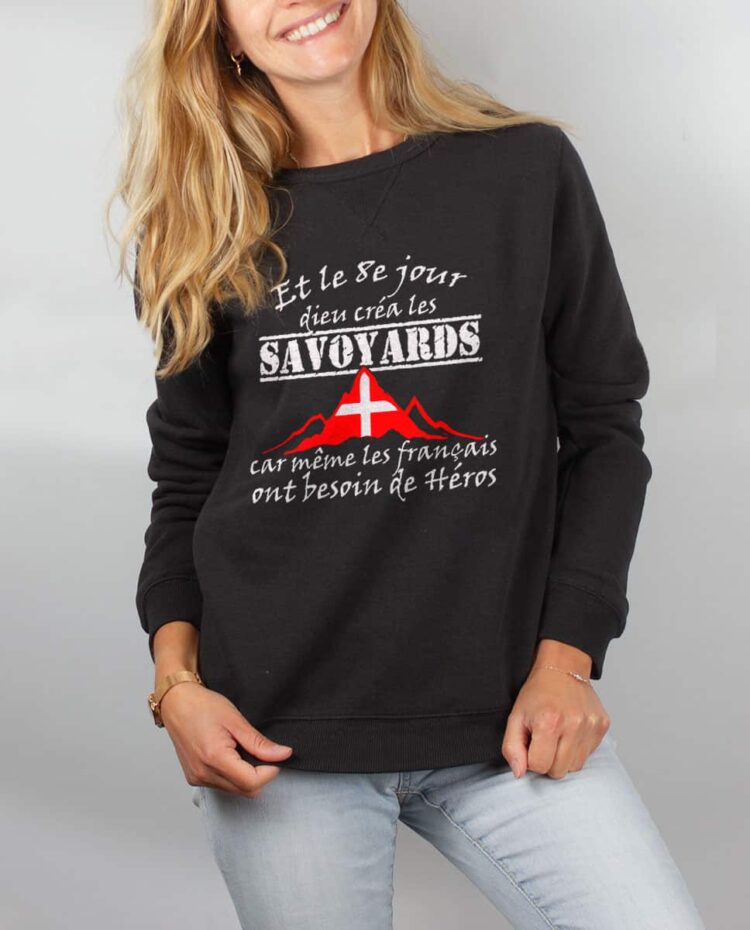 Pull sweat femme noir Dieu crea les savoyards