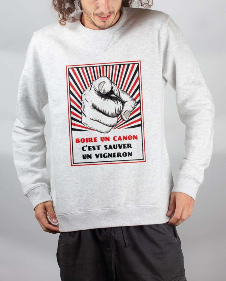 Pull sweat homme blanc Boire un canon sauver un vigneron