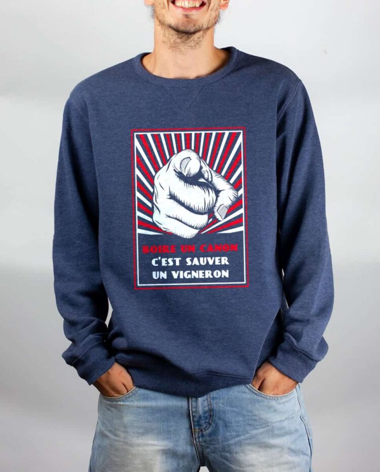 Pull sweat homme bleu Boire un canon sauver un vigneron