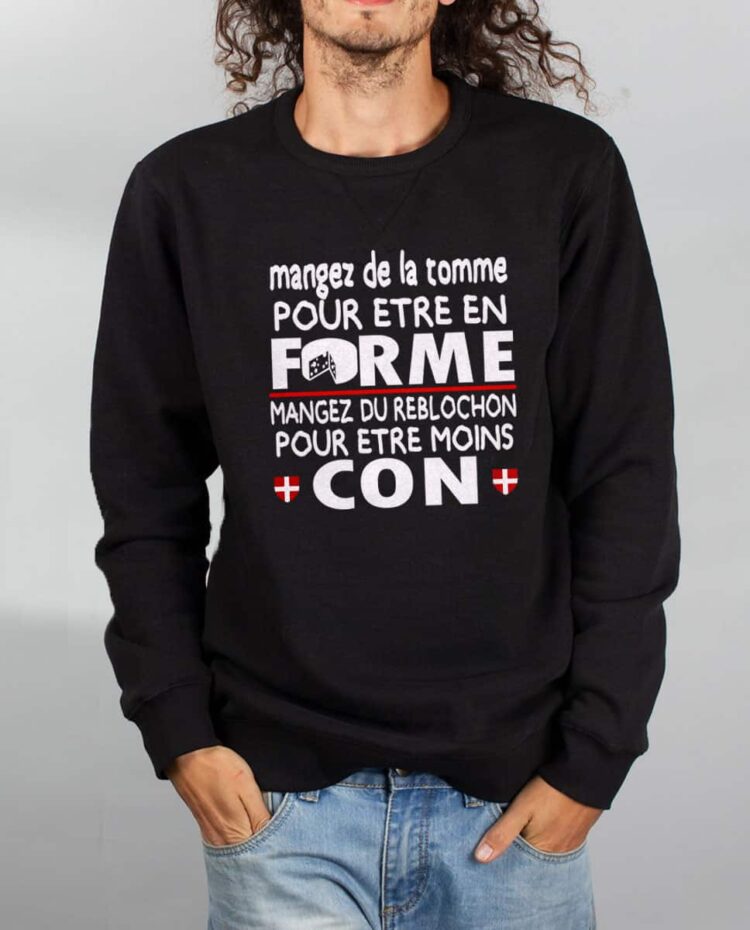 Pull sweat homme noir Mangez tomme forme mangez reblochon moin con