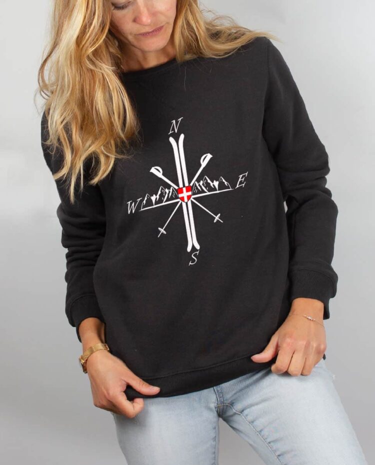 Pull sweat femme noir Montagne ski boussole