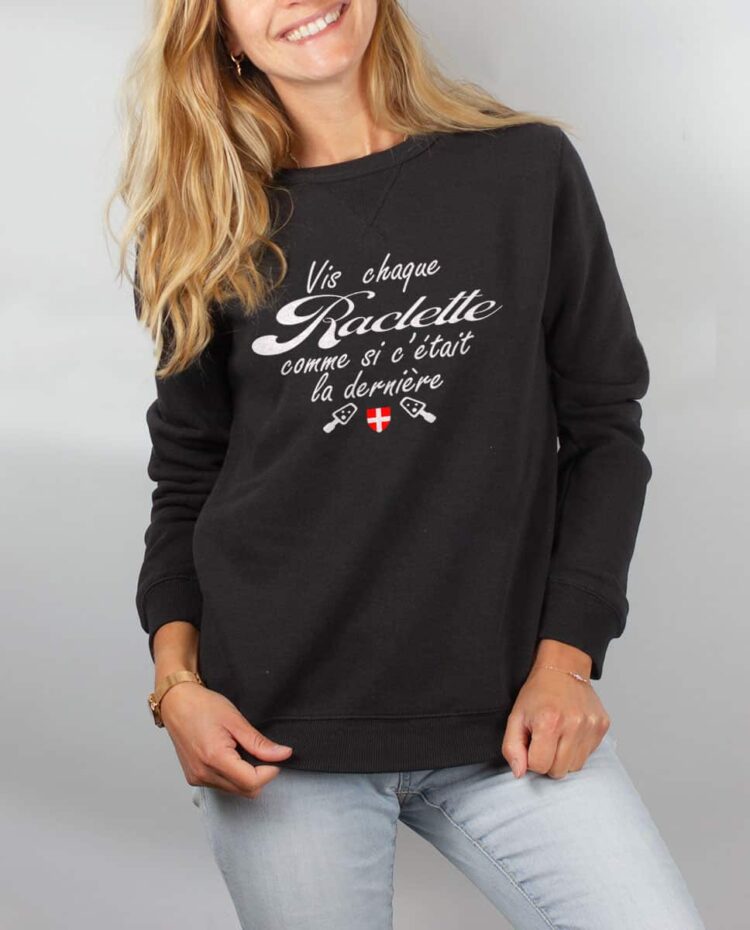 Pull sweat femme noir Vis chaque raclette