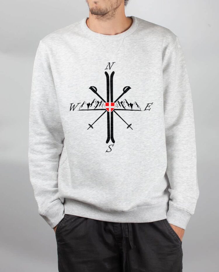 Pull sweat homme blanc Montagne ski boussole