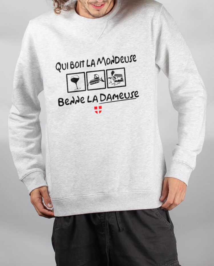 Pull sweat homme blanc Qui boit la Mondeuse Benne la dameuse