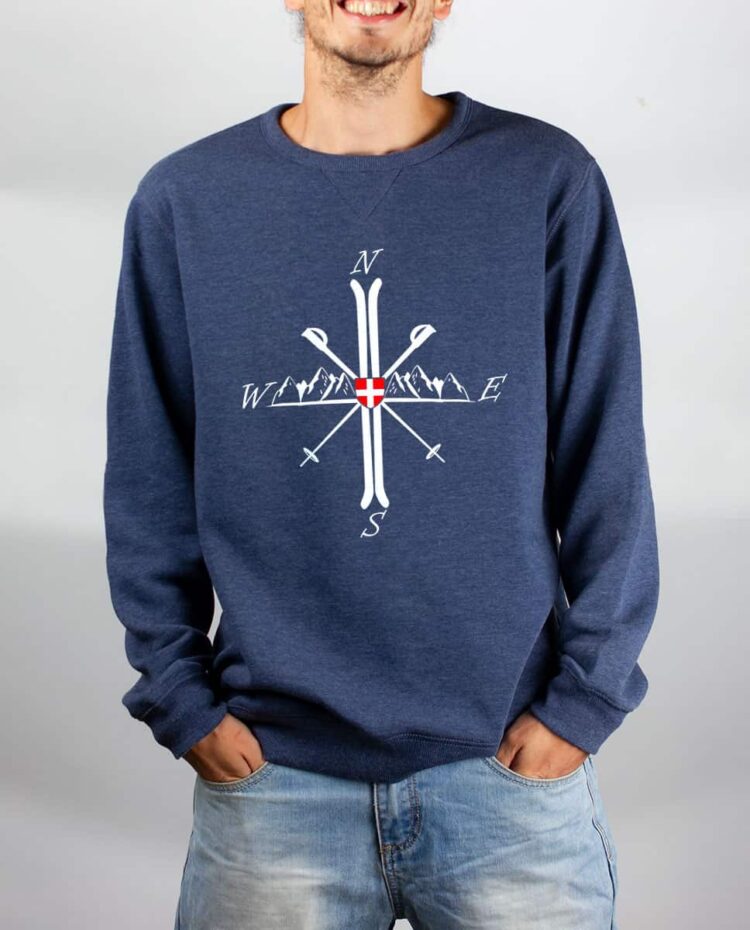 Pull sweat homme bleu Montagne ski boussole