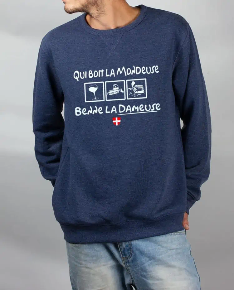 Pull sweat homme bleu Qui boit la Mondeuse Benne la dameuse
