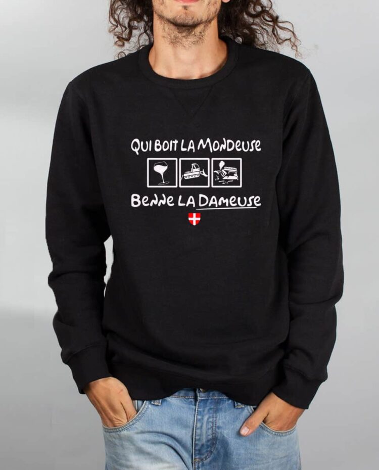 Pull sweat homme noir Qui boit la Mondeuse Benne la dameuse