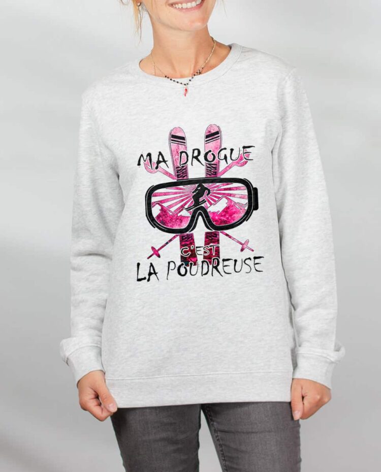 Pull sweat femme blanc Ma drogue c est la poudreuse SKI