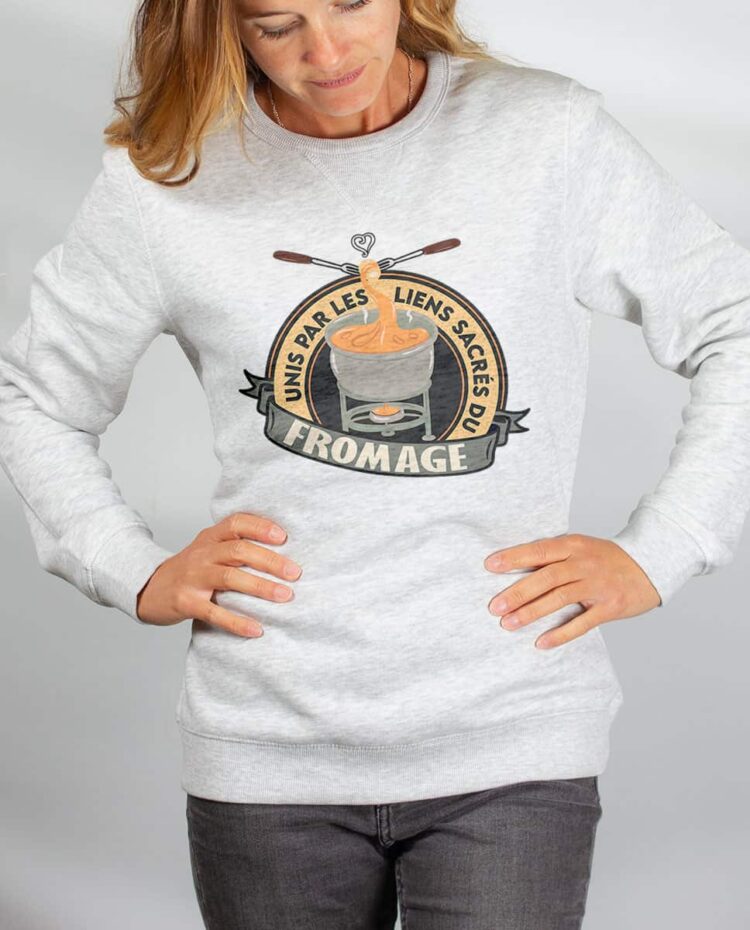 Pull sweat femme blanc UNIS PAR LES LIENS SACRES DU FROMAGE