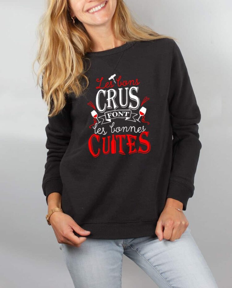 Pull sweat femme noir Les Bon crus font les bonnes cuites